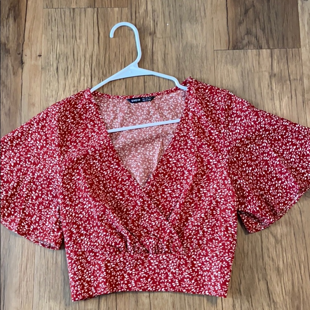 Cropped floral land red blouse